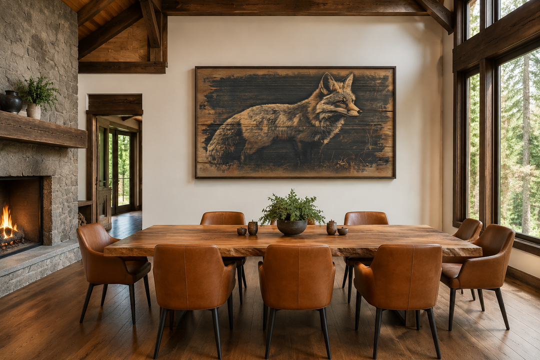 Fox painted on dark wood framed canvas wall art hanging in a rustic dining room above a wood table.