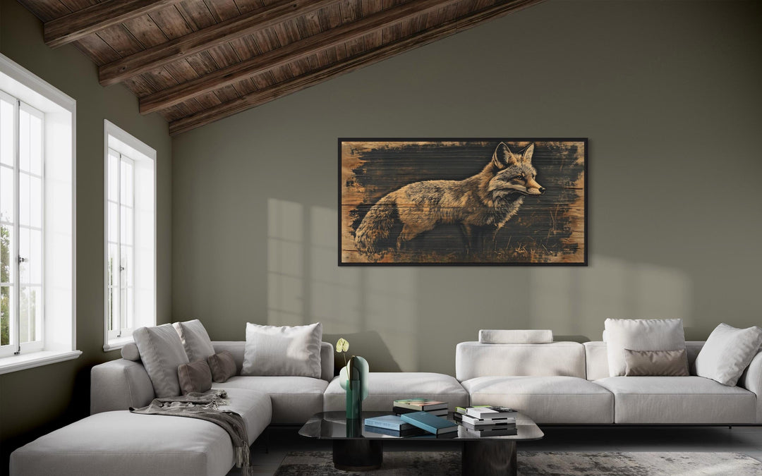 Framed canvas wall art featuring a fox painted on a dark wood background in a rustic living room.