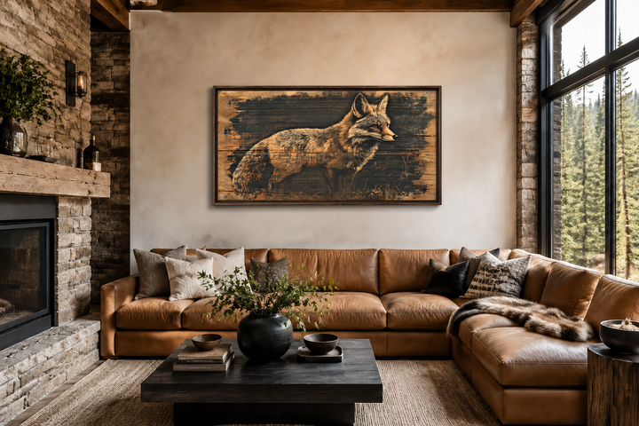 Fox painted on dark wood framed canvas wall art hanging above a leather sofa in a rustic living room