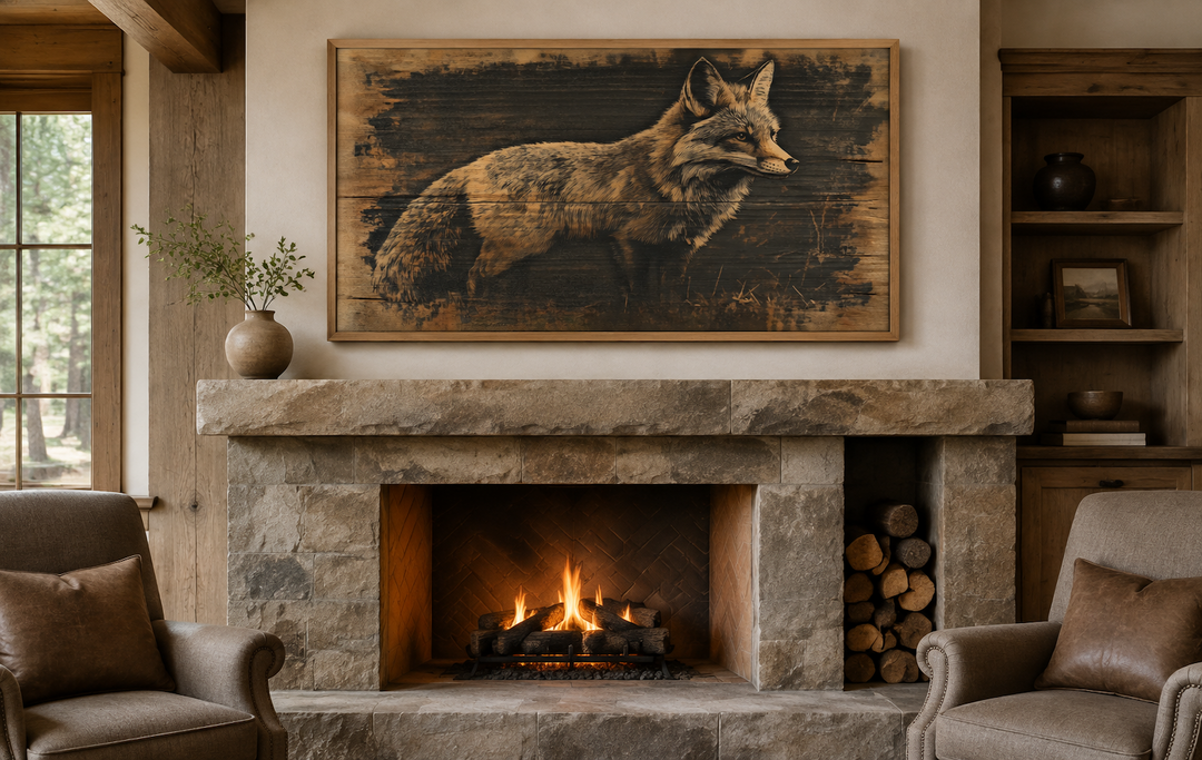 Framed canvas wall art of a fox painted on dark wood, hanging above a stone fireplace in a cabin.