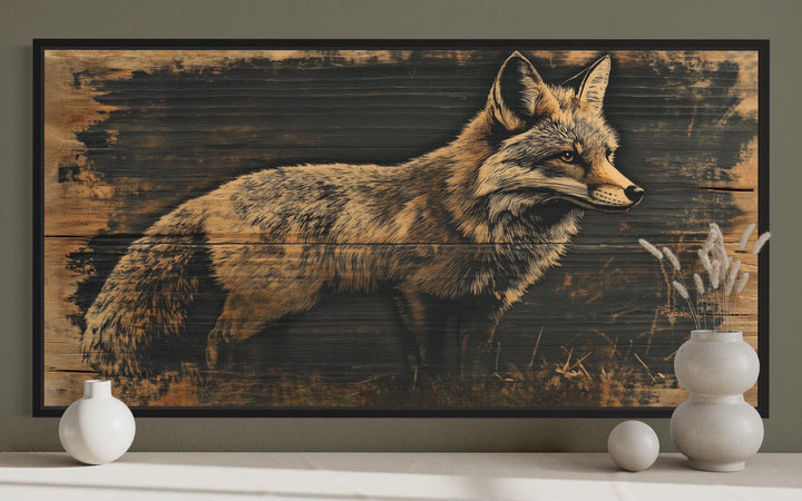 Framed canvas wall art featuring a detailed fox painted on a dark wood grain background.