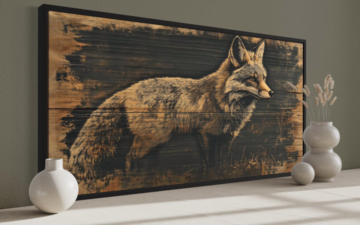 Framed canvas wall art featuring a detailed fox painted on a dark wood grain background.