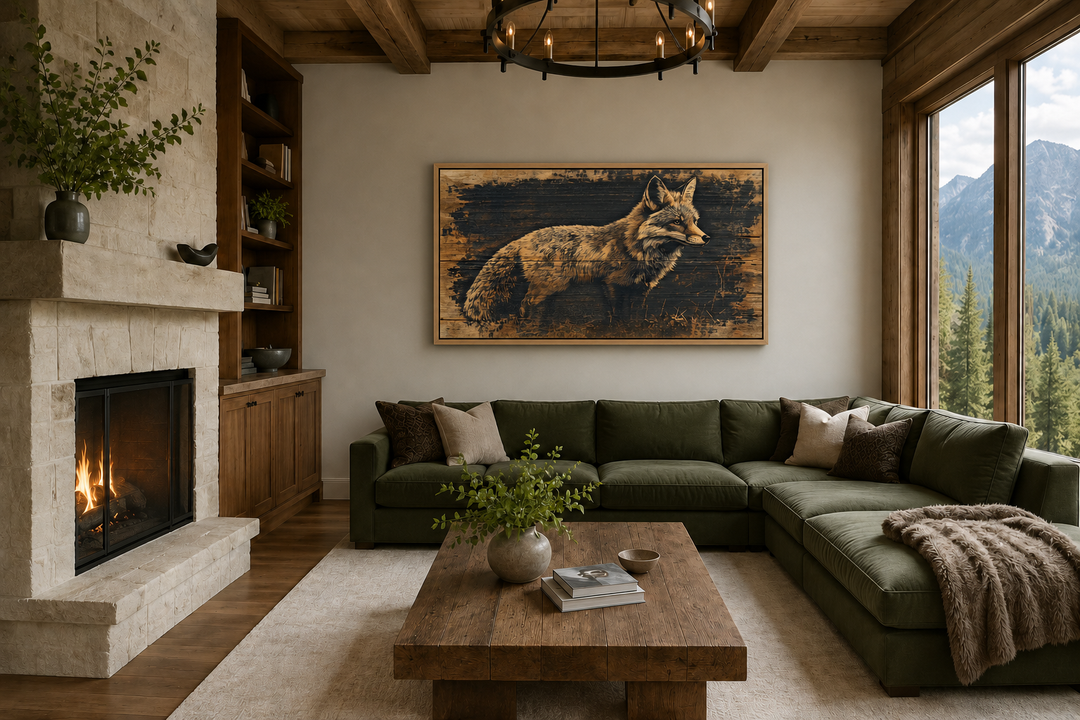 Fox painted on dark wood framed canvas wall art hanging above a green sofa in a rustic living room.