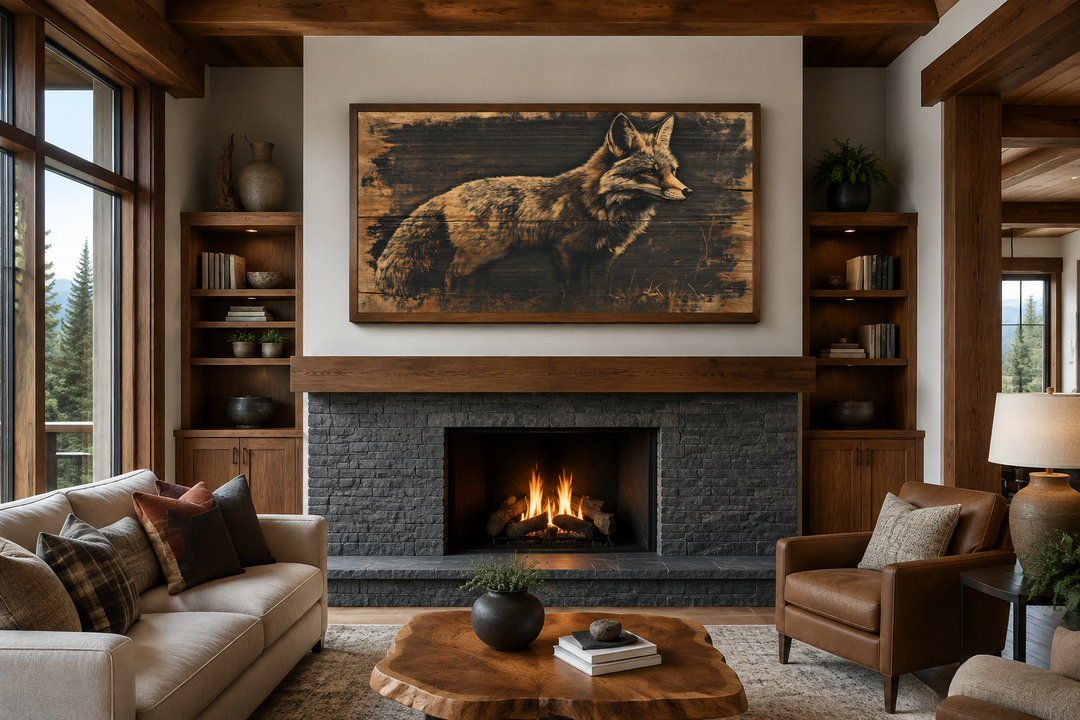 Fox painted on dark wood framed canvas wall art hanging above a fireplace in a rustic living room.