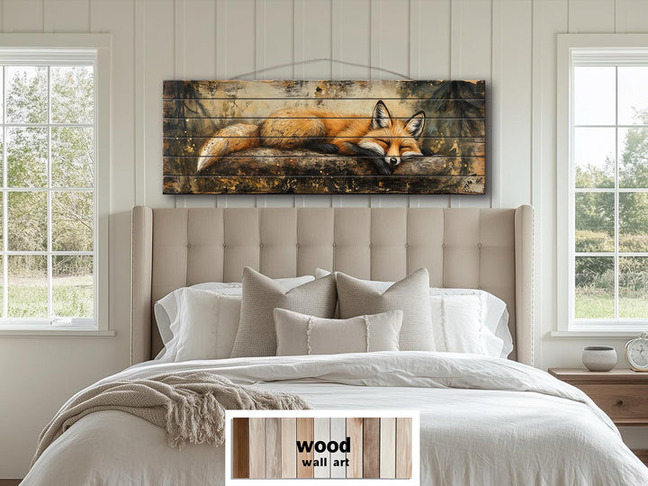 Rustic wood wall art featuring a sleeping fox on a log, displayed above a bed in a neutral room.