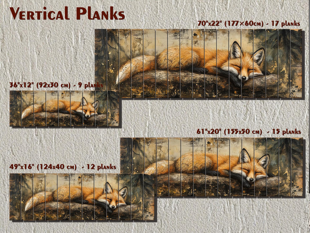 Rustic wood wall art featuring a sleeping fox on a log, available in four multi-plank sizes.