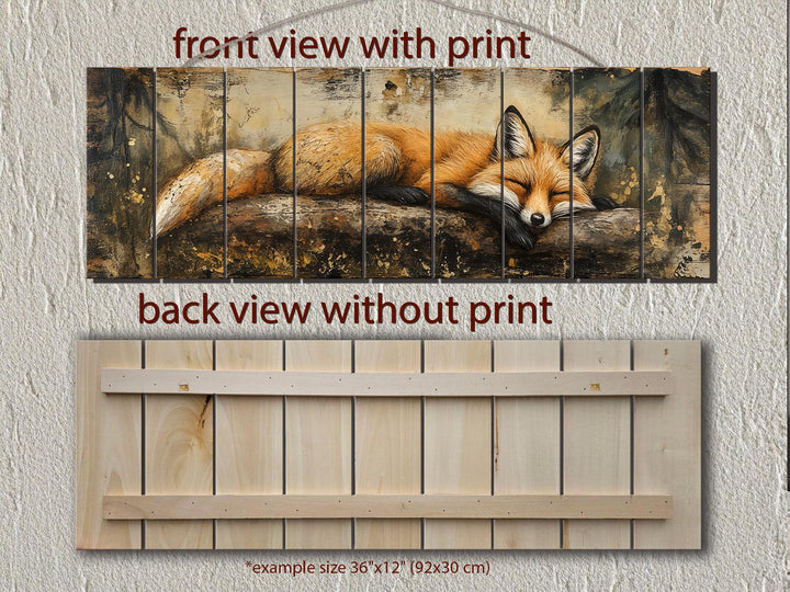Rustic wood wall art featuring a sleeping fox on a log, shown in front and back views.