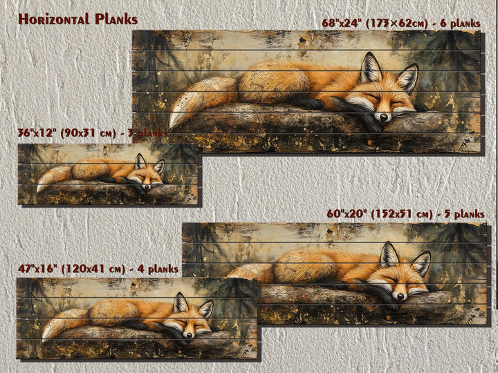 Rustic wood wall art featuring a sleeping fox on a log, available in four horizontal plank sizes.
