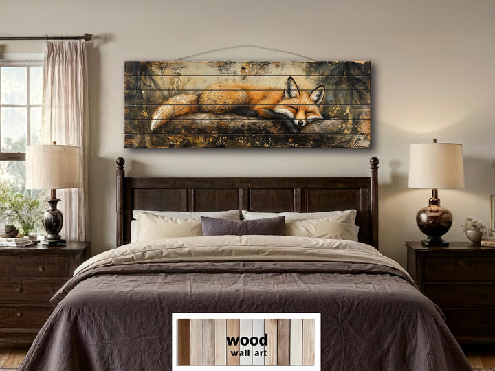 Rustic wood wall art featuring a sleeping fox on a log, displayed above a bed in a cozy bedroom.