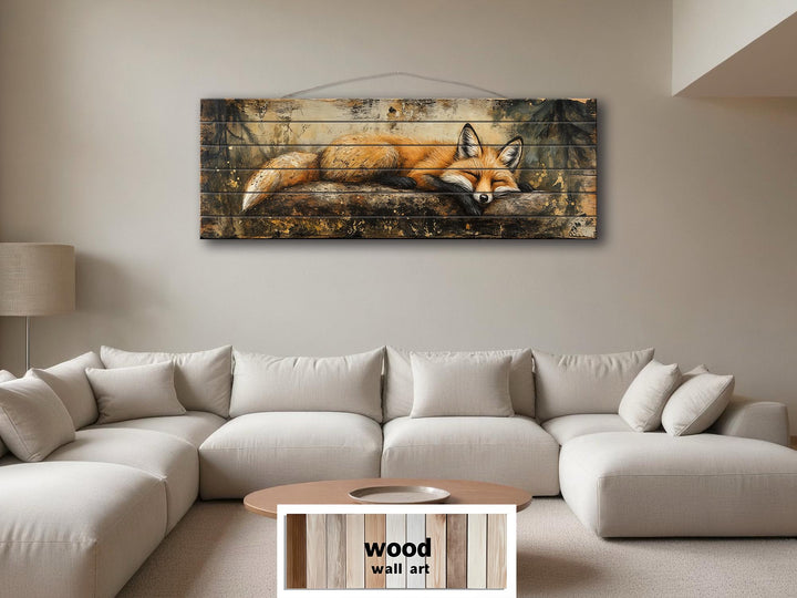 Rustic wood wall art featuring a sleeping fox on a log, displayed above a modern sectional sofa.