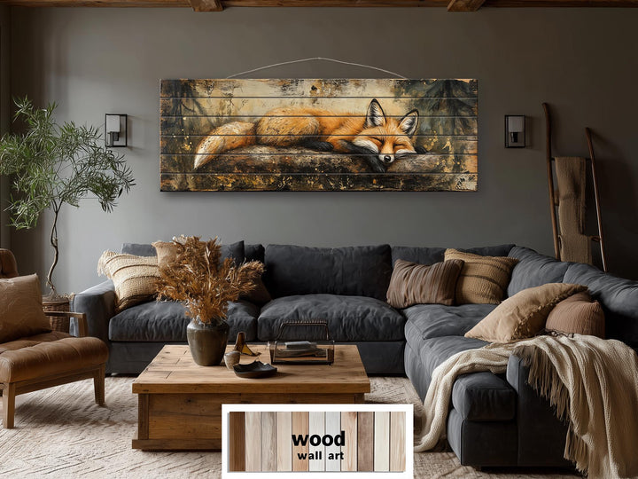 Rustic wood wall art featuring a sleeping fox on a log in a cozy, modern living room.