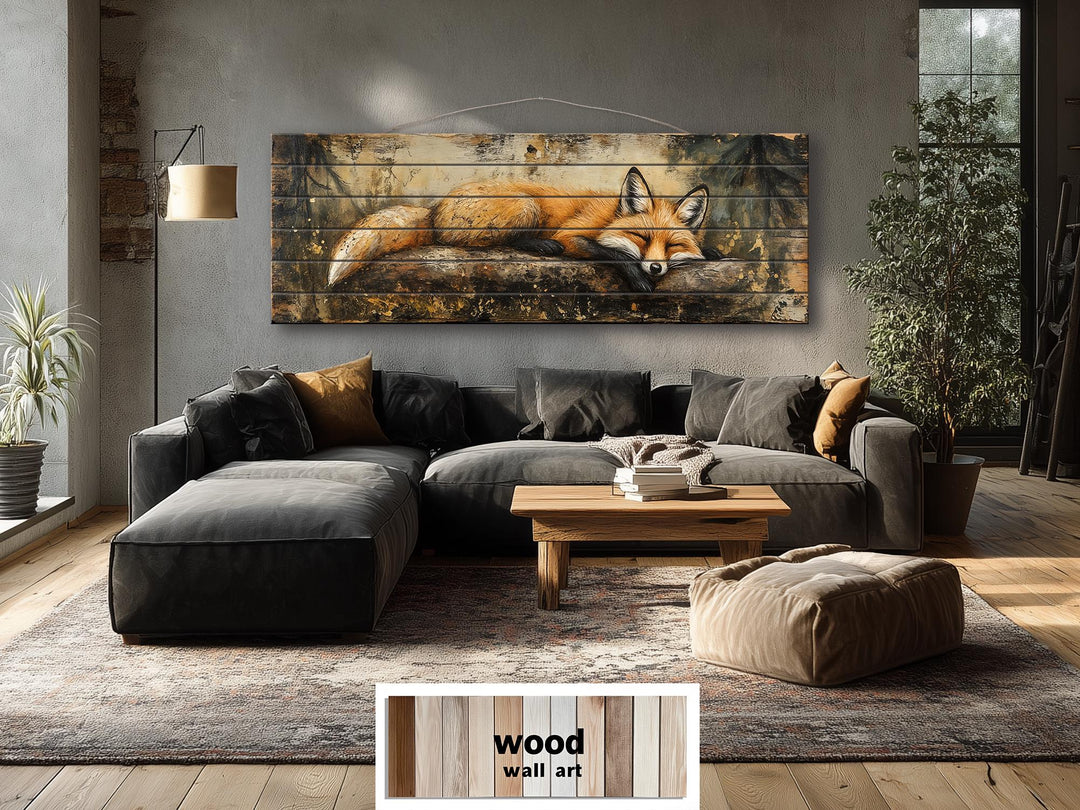 Rustic wood wall art featuring a sleeping fox on a log above a modern living room sofa.