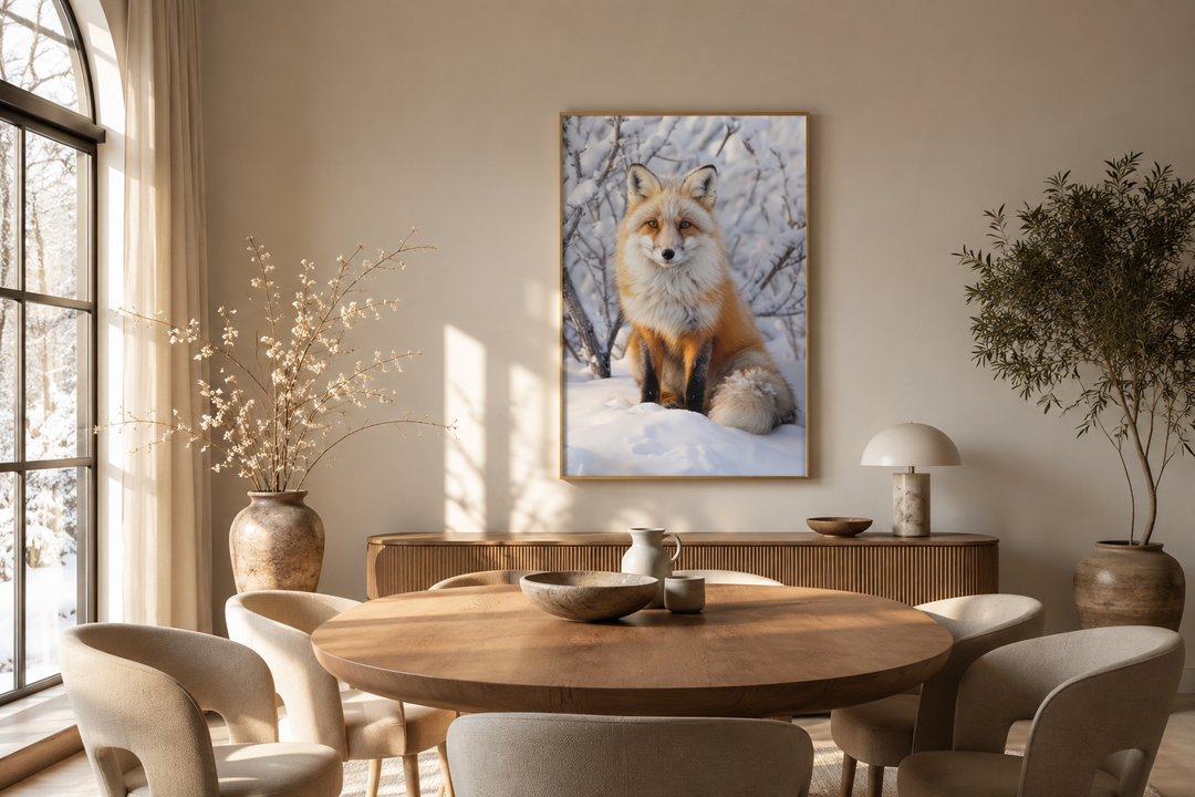 Framed canvas wall art of a red fox sitting in snow, displayed in a modern dining room.