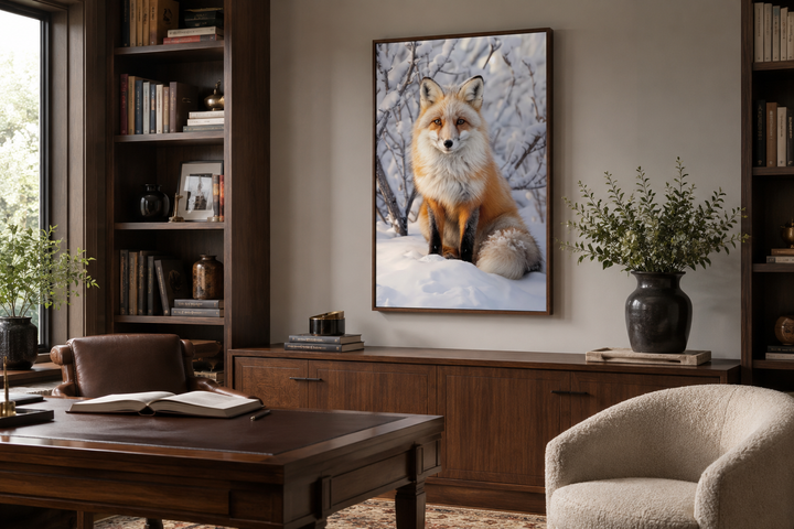 Framed canvas wall art of a red fox sitting in the snow, displayed in a home office setting.