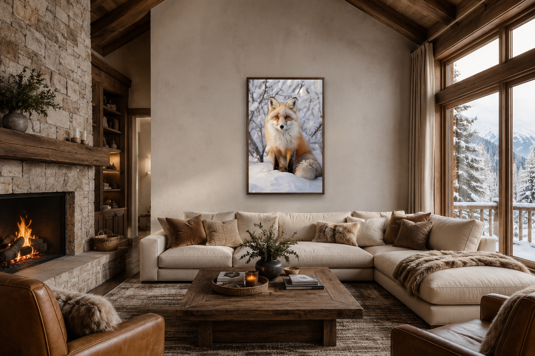 Fox in Snow Photography Style Framed Canvas Wall Art hanging in a rustic living room.