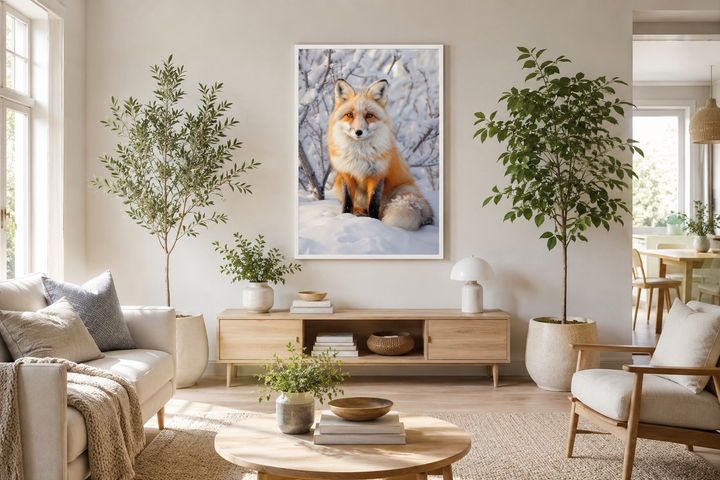 Fox in Snow Photography Style Framed Canvas Wall Art hanging in a bright, modern living room.
