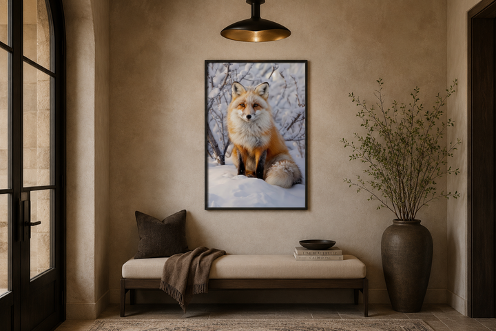 Framed fox in snow photography wall art hanging above a bench in a neutral-toned entryway.