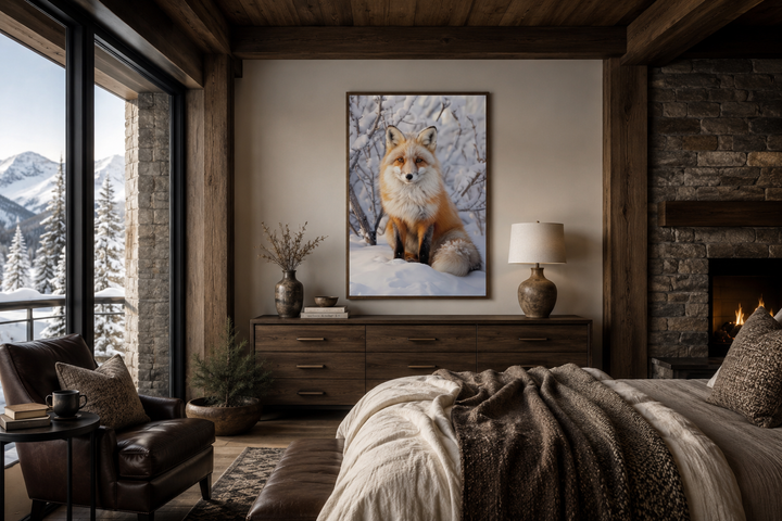 Framed canvas wall art of a red fox sitting in a snowy landscape above a wooden dresser.