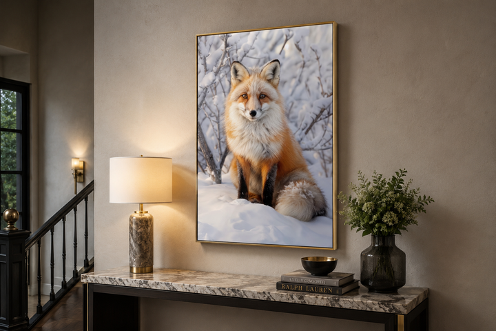 Fox in Snow Photography Style Framed Canvas Wall Art above a marble console table.