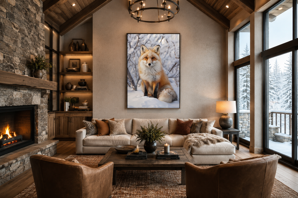 Fox in Snow Photography Style Framed Canvas Wall Art hanging in a rustic living room.