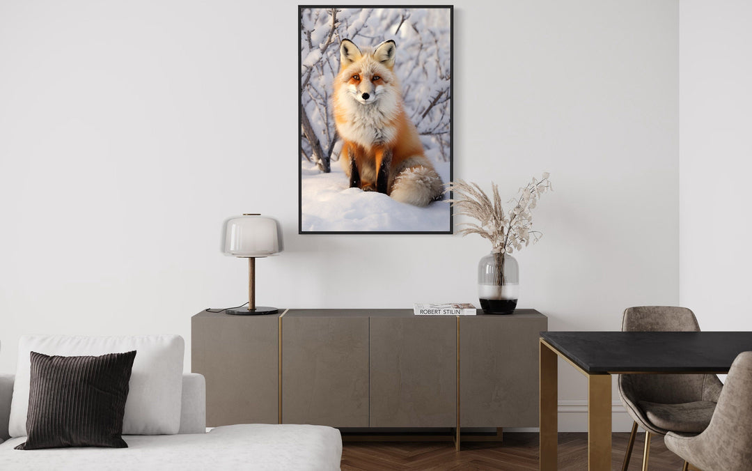 Fox in Snow Photography Style Framed Canvas Wall Art