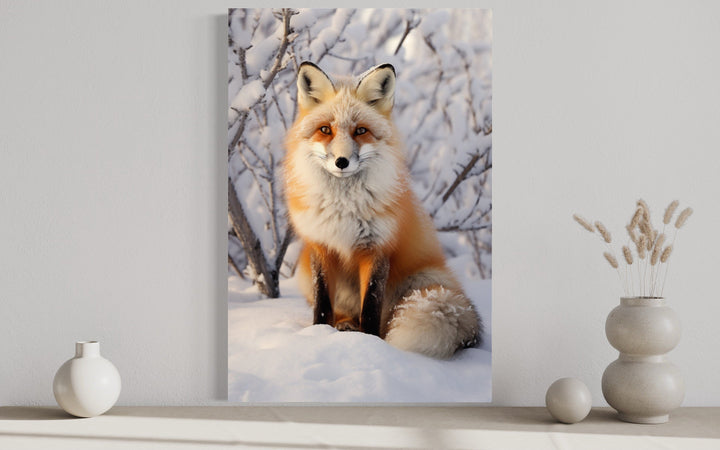 Vertical framed canvas wall art featuring a realistic fox sitting in a snowy winter landscape.
