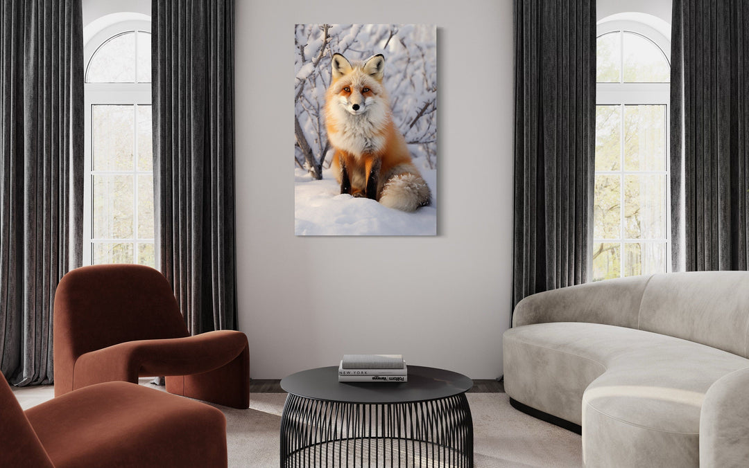 Fox in Snow Photography Style Framed Canvas Wall Art hanging in a modern living room.