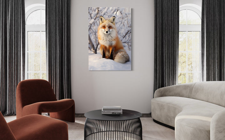 Fox in Snow Photography Style Framed Canvas Wall Art hanging in a modern living room.