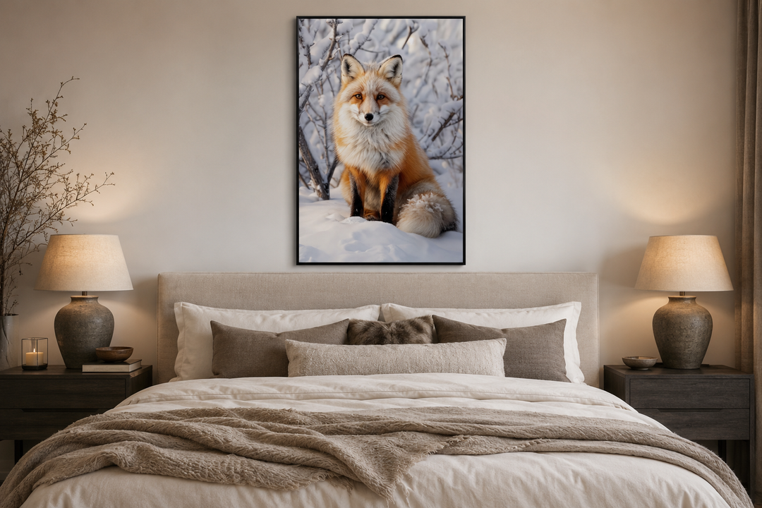 Framed canvas wall art of a red fox sitting in snow, hung above a bed in a neutral-toned bedroom.