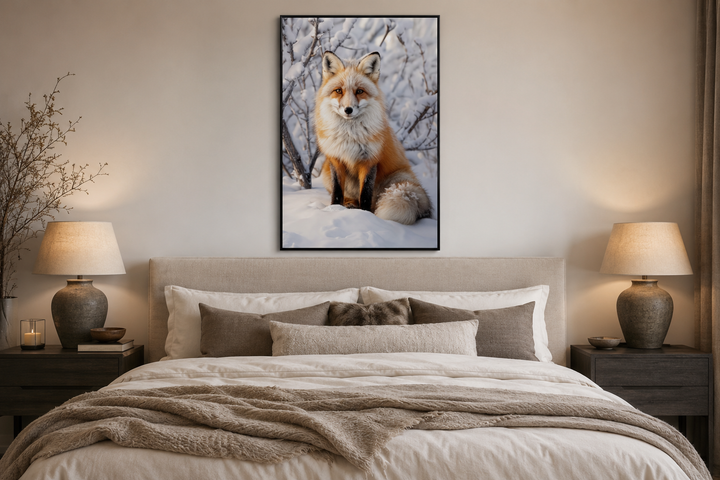 Framed canvas wall art of a red fox sitting in snow, hung above a bed in a neutral-toned bedroom.