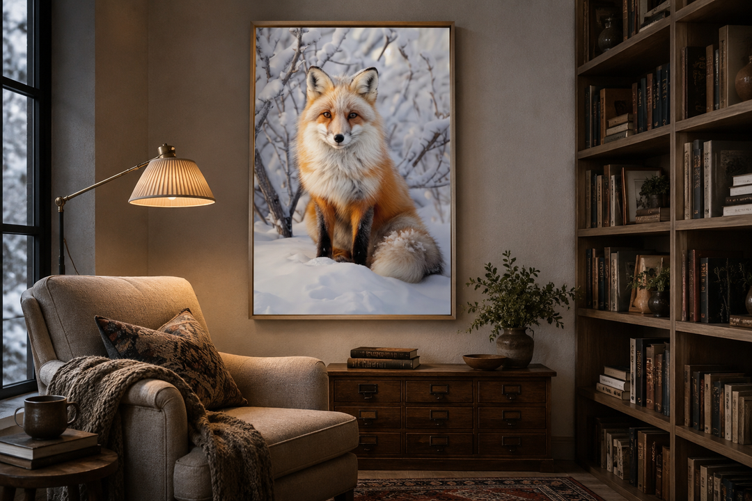 Framed canvas wall art of a red fox in a snowy forest, displayed in a cozy reading room.