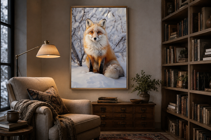Framed canvas wall art of a red fox in a snowy forest, displayed in a cozy reading room.