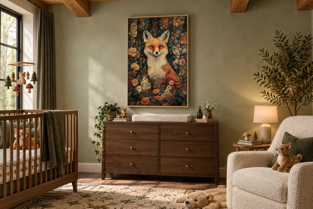 Framed canvas wall art of a fox in flowers above a dresser in a woodland-themed nursery.
