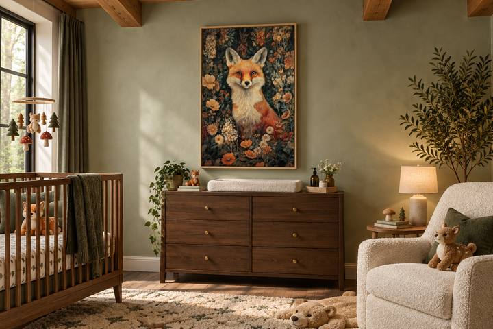 Framed canvas wall art of a fox in flowers above a dresser in a woodland-themed nursery.