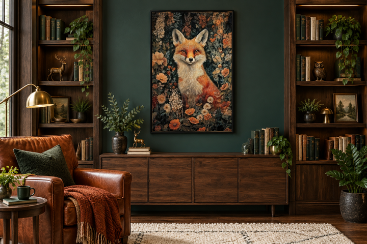 Framed canvas wall art of a fox in flowers, William Morris style, in a cozy dark green living room.