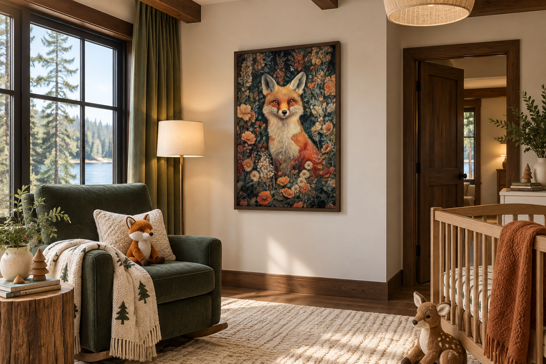Framed William Morris inspired canvas art of a fox in flowers hanging in a cozy woodland nursery.