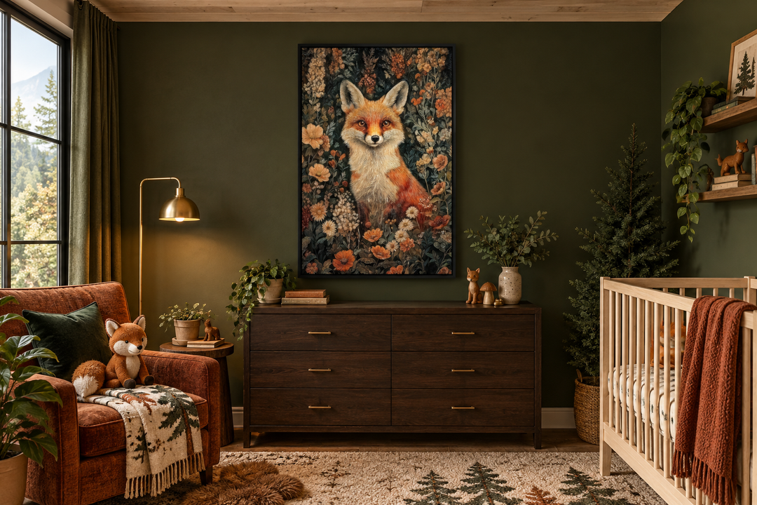 Framed canvas wall art of a fox in flowers, William Morris style, in a forest-themed nursery.