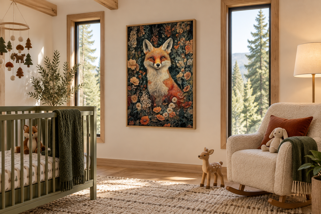 Framed canvas wall art of a fox in flowers, William Morris inspired, in a woodland nursery setting.