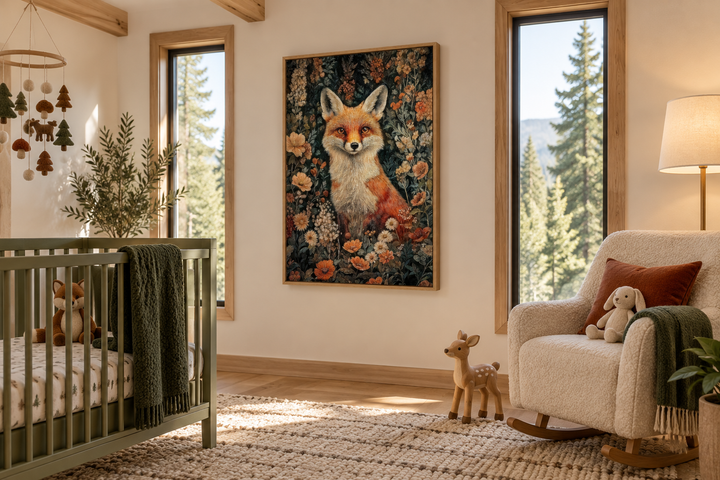 Framed canvas wall art of a fox in flowers, William Morris inspired, in a woodland nursery setting.