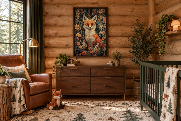 Framed canvas wall art of a fox in flowers above a dresser in a rustic woodland nursery.