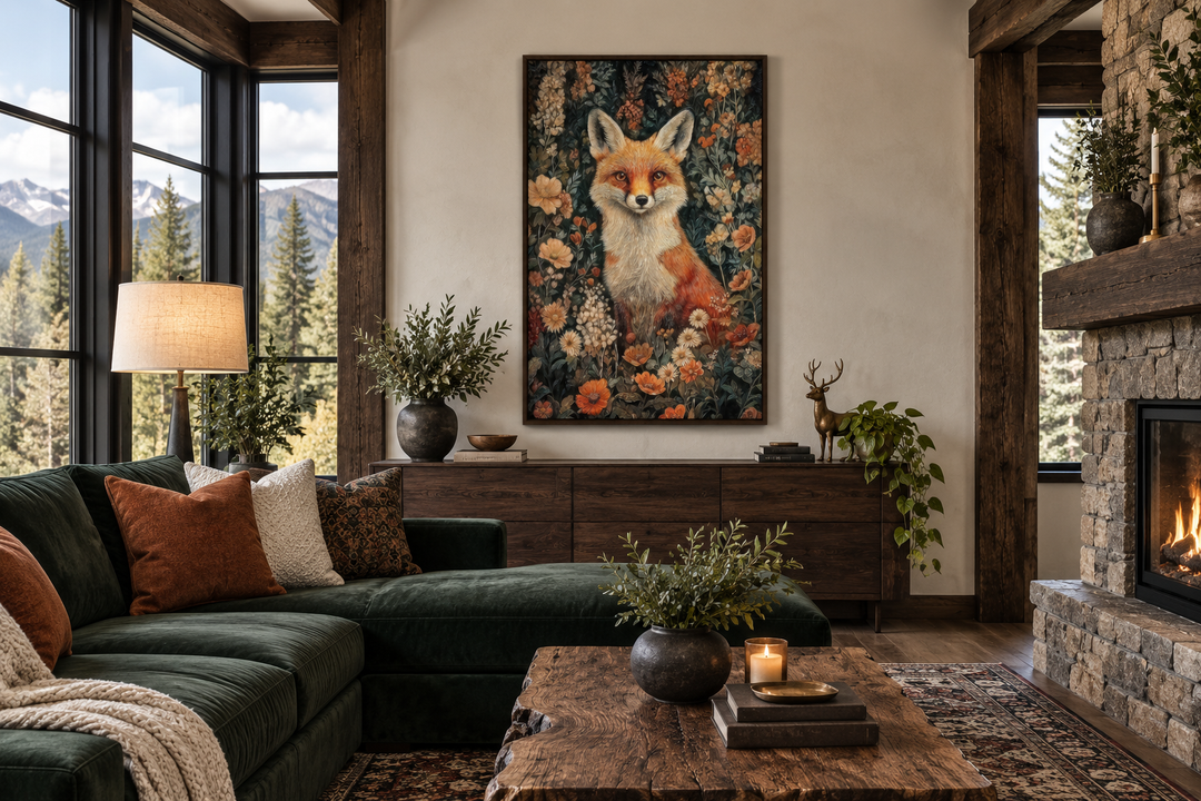 Framed canvas wall art of a fox in flowers, William Morris style, above a wooden sideboard.