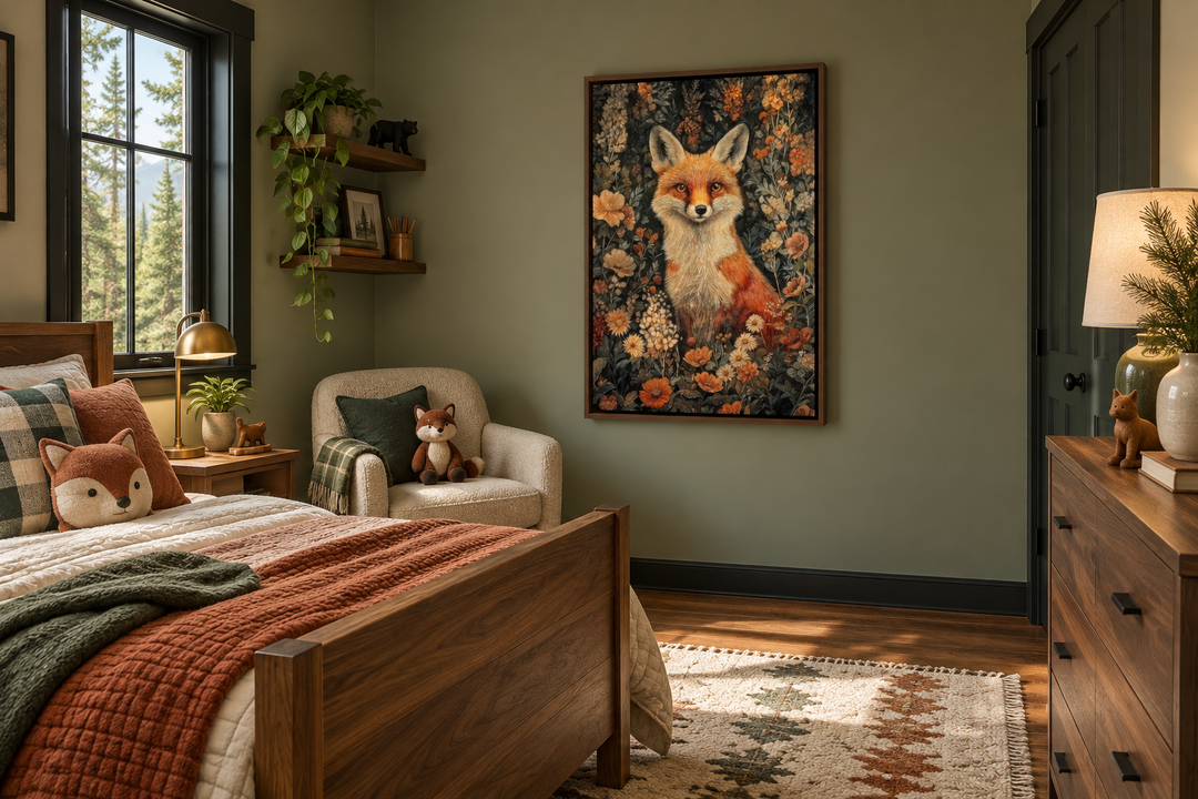 Framed canvas wall art of a fox in flowers, William Morris style, in a forestcore bedroom.