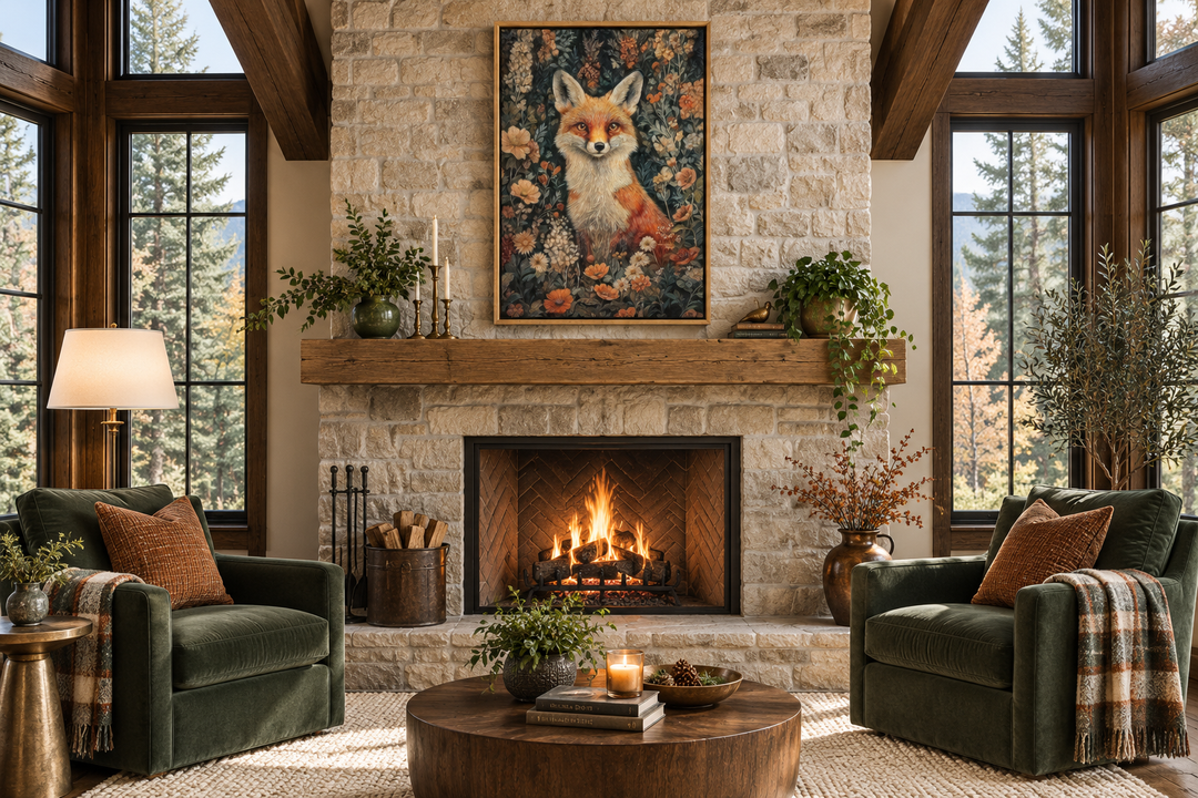 Framed fox in flowers canvas art hanging above a stone fireplace in a cozy rustic living room.