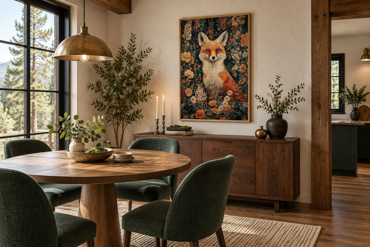 Framed canvas wall art of a fox in flowers, William Morris style, above a wooden sideboard.