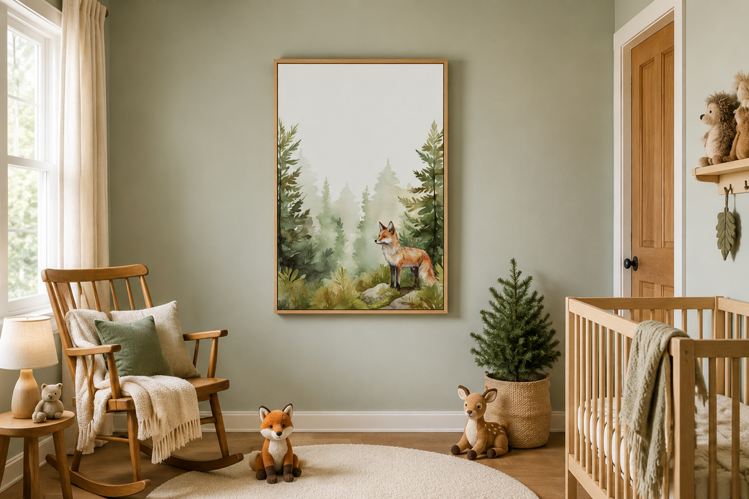 Fox in the forest watercolor framed canvas wall art hanging in a woodland-themed nursery.
