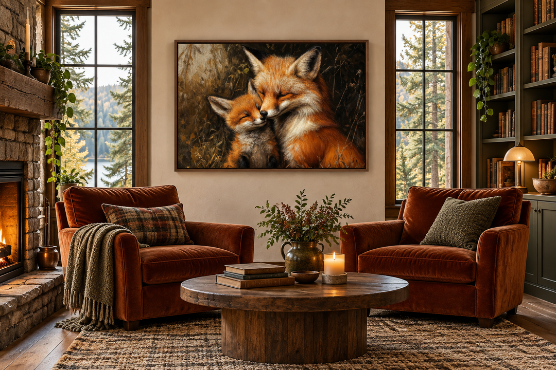 Framed canvas wall art of a mother fox and baby hugging, displayed in a cozy rustic living room.