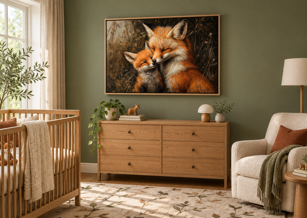 Fox Mama and Baby Hugging framed canvas wall art in a cozy woodland-themed nursery.