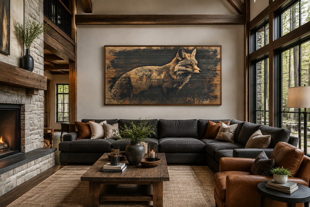 Framed canvas wall art featuring a fox painted on dark wood, hanging in a rustic living room.