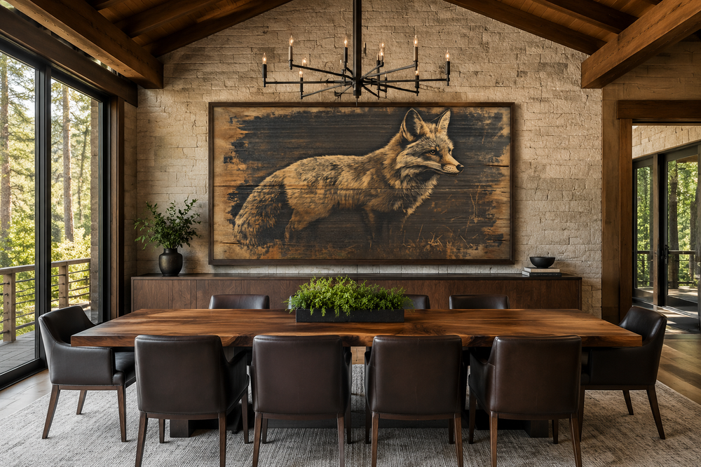 Fox painted on dark wood framed canvas wall art hanging in a rustic cabin dining room.