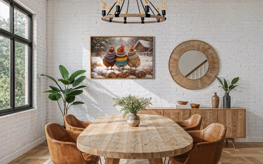 Framed canvas wall art of three chickens in colorful sweaters on a snowy farmhouse background.